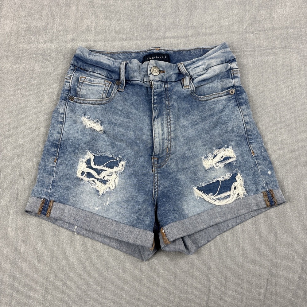 Aeropostale Super High Rise Curvy Midi Jean Shorts Woman's Size 4 Rolled Cuff